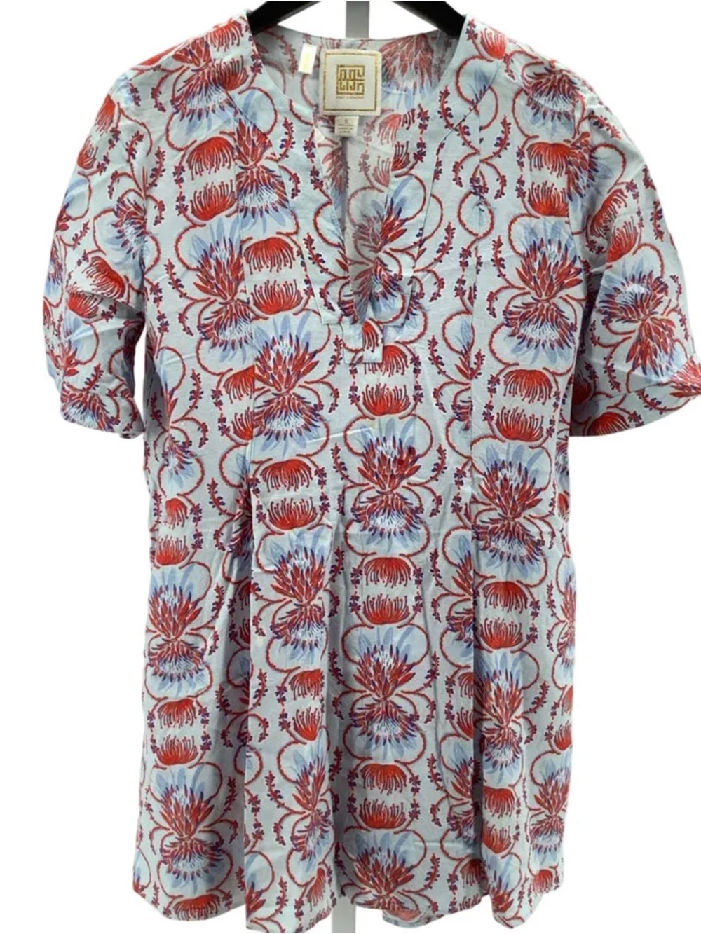 Emily McCarthy  Blue/Red Print V-neck Linen Blend Dress Small